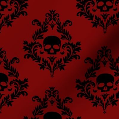 Black skull damask on brick red 