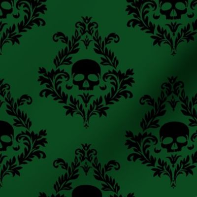 black skull damask on emerald green 