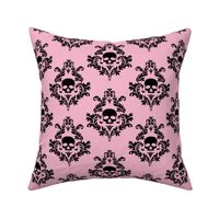 black damask on a pastel pink background 