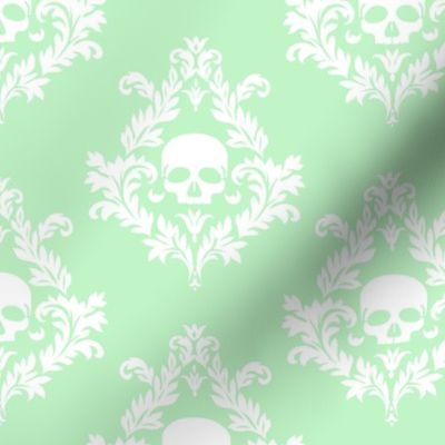white skull damask on pastel green 