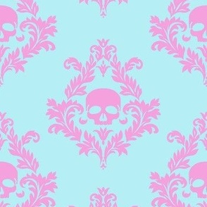 Pink on blue cotton candy skull damask 