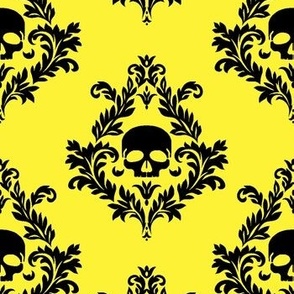 Black skull damask on yellow 