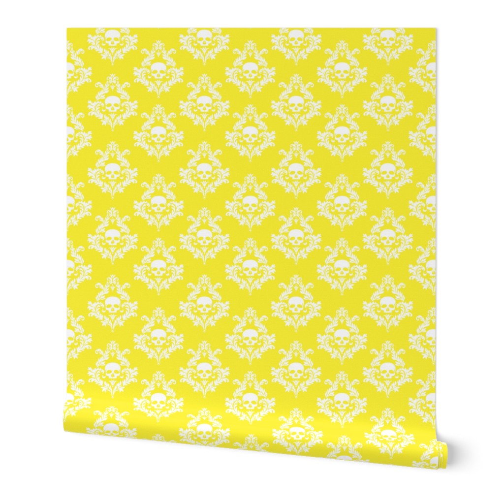 White skull damask on yellow 