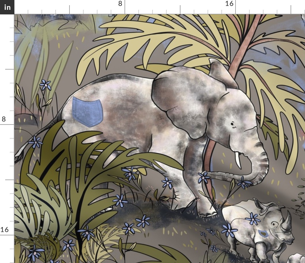 Baby Elephant and Rhino walk with blue pockets 