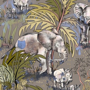 Trendy blue denim pockets on baby elephants and rhinos