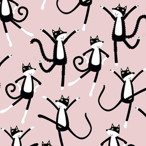 Dancing Black and White Tuxedo Cats Blush Pink Small Scale