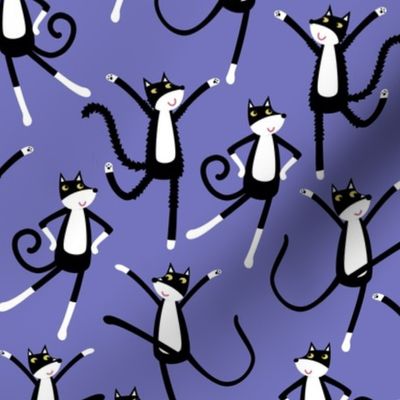 Dancing Black and White Tuxedo Cats Periwinkle Blue Small Scale