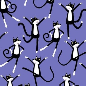 Dancing Black and White Tuxedo Cats Periwinkle Blue Small Scale