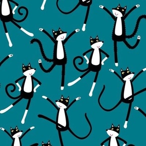 Dancing Black and White Tuxedo Cats Teal Small Scale