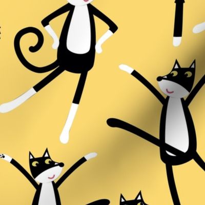 Dancing Black and White Tuxedo Cats Yellow