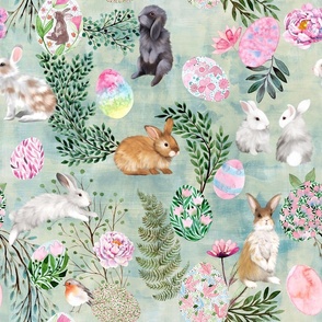 Easterbunnies with easter eggs, foliage, robin and more, mixed media painting