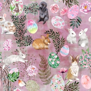 easter bunnies, easter eggs and foliage on dusty pink