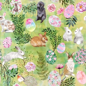 Easterbunnies, easter eggs, foliage and one robin on green