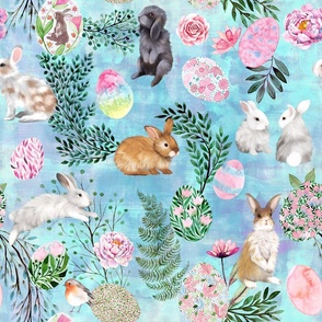 Easterbunnies, easter eggs, spring foliage, peonies, roses 