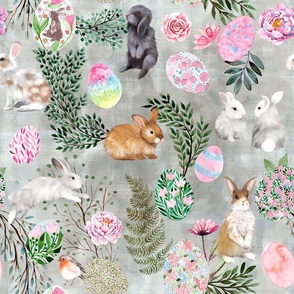 Easter bunnies, bunny, easter eggs, spring foliage, peonies on gray