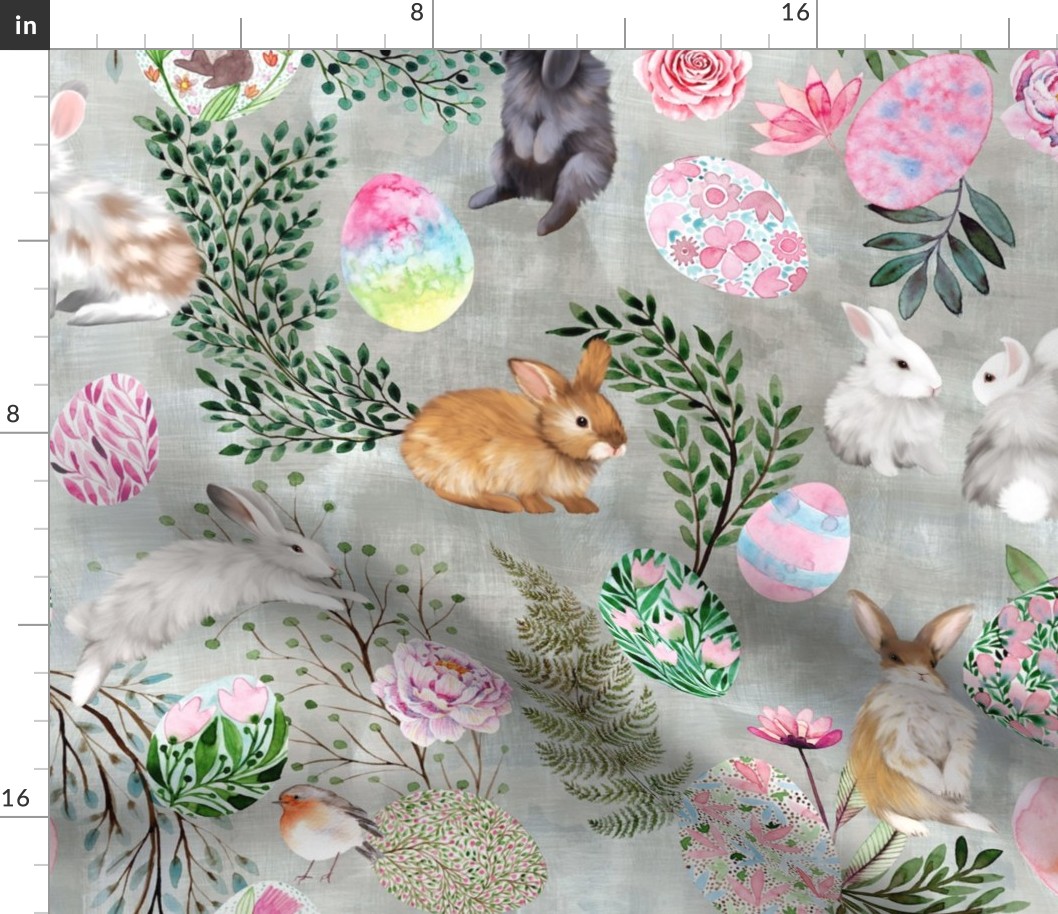 Easter bunnies, bunny, easter eggs, spring foliage, peonies on gray