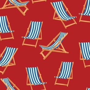 Blue Striped Deck Chairs on a Rich Red Background