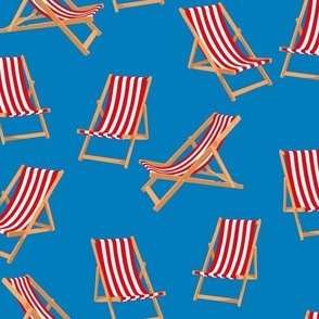 Red Striped Deck Chairs on Cyan Blue Background