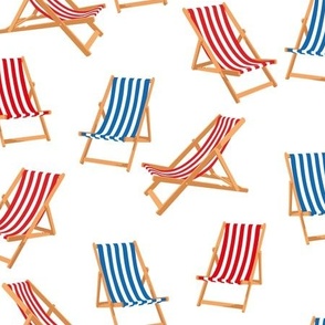 Large Red and Blue Striped Deck Chairs on White Background