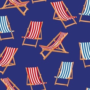 Red and Blue Striped Deck Chairs on Deep Blue Background
