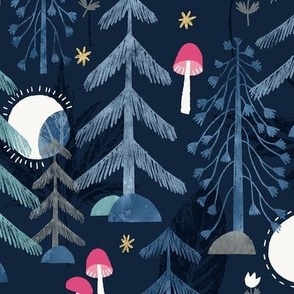 Forest Night with Moon and Mushrooms