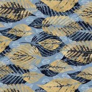 Blue and Gold Printed Leaves / Small Scale