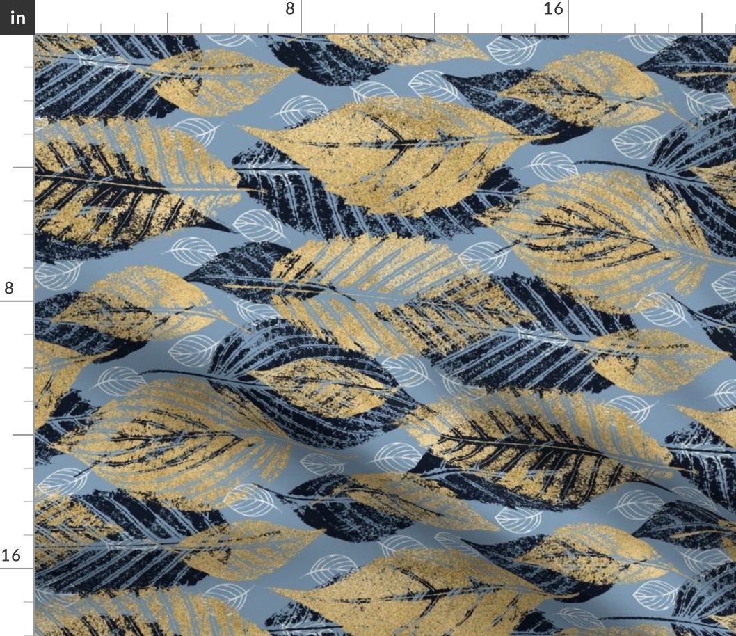 Blue and Gold Printed Leaves