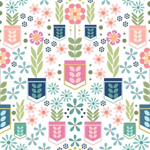 Scandi Spring Pocket Garden / Folk Art / Floral / Blue Green Pink / Large