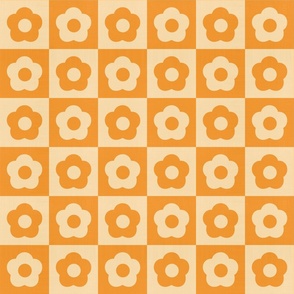 Retro Checkered Daisies, Cute Vintage Flowers and Checks in Summer Juicy Colors - Citrus Orange and Cream Beige