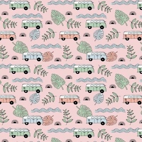 Tropical island travel camper van surf trip with leaves sunset and bus cool kids nursery design girls blush pink mint blue SMALL 