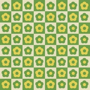 Retro Checkered Daisies,  1 " inch Small Scale, Vintage Flowers and Checks in Fresh Spring Summer Colors - Green, Yellow, Beige