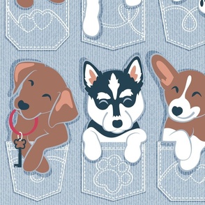 Large jumbo scale // Pure love pockets II // aligned // pastel blue background Dachshund Beagle Dalmatian Basset Hound Labrador Retriever Husky Welsh Corgi and Italian Greyhound dog puppies