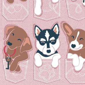 Large jumbo scale // Pure love pockets II // aligned // blush pink background Dachshund Beagle Dalmatian Basset Hound Labrador Retriever Husky Welsh Corgi and Italian Greyhound dog puppies