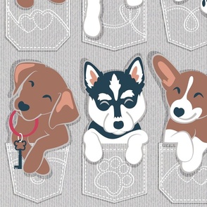 Large jumbo scale // Pure love pockets II // aligned // beige background Dachshund Beagle Dalmatian Basset Hound Labrador Retriever Husky Welsh Corgi and Italian Greyhound dog puppies