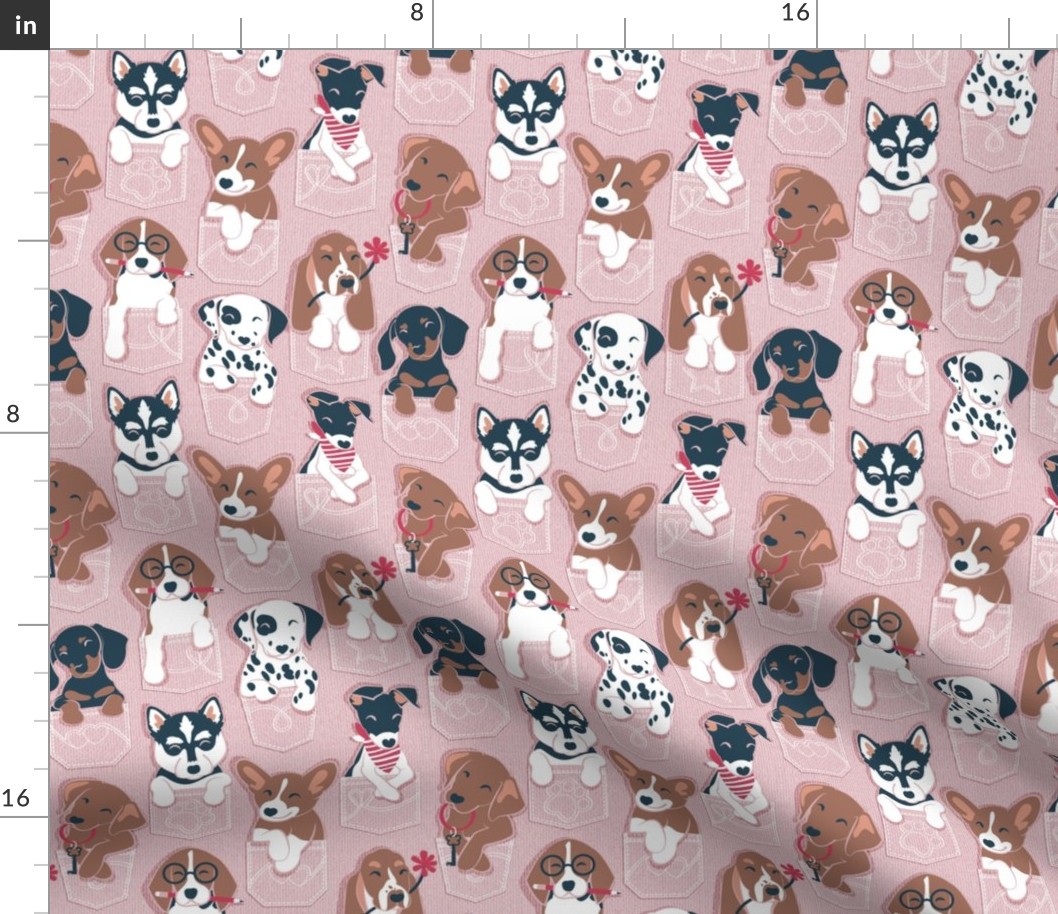 Small scale // Pure love pockets I // blush pink background Dachshund Beagle Dalmatian Basset Hound Labrador Retriever Husky Welsh Corgi and Italian Greyhound dog puppies