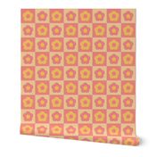 Retro Checkered Daisies, Cute Vintage Flowers in Pastel Colors - Blush Rose Pink, Beige and Yellow