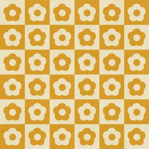 Retro Checkered Daisies, Vintage Flowers and Checks in Warm Colors - Golden Ochre and Cream Beige
