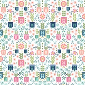 Scandi Spring Pocket Garden / Folk Art / Floral / Blue Green Pink / Medium