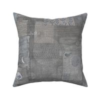 Sashiko Natural Linen (xl scale) | Japanese stitch patterns on a warm gray linen texture, patchwork, boro cloth, visible mending, kantha quilt in taupe and white.