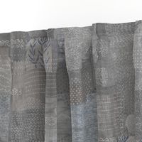 Sashiko Natural Linen (xl scale) | Japanese stitch patterns on a warm gray linen texture, patchwork, boro cloth, visible mending, kantha quilt in taupe and white.