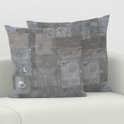Sashiko Natural Linen (xl scale) | Japanese stitch patterns on a warm gray linen texture, patchwork, boro cloth, visible mending, kantha quilt in taupe and white.