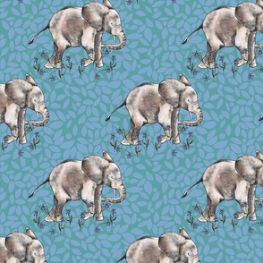Baby elephant walk in blue daisies turquoise 