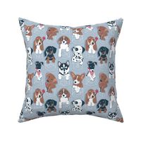 Pure love pockets I // small scale // pastel blue background Dachshund Beagle Dalmatian Basset Hound Labrador Retriever Husky Welsh Corgi and Italian Greyhound dog puppies