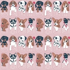 Tiny scale // Pure love pockets II // aligned // blush pink background Dachshund Beagle Dalmatian Basset Hound Labrador Retriever Husky Welsh Corgi and Italian Greyhound dog puppies