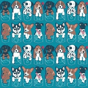 Tiny scale // Pure love pockets II // aligned // turquoise background Dachshund Beagle Dalmatian Basset Hound Labrador Retriever Husky Welsh Corgi and Italian Greyhound dog puppies