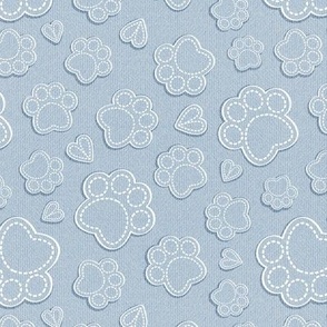 Small scale // Pawsome stitches // pastel blue textured paws and hearts 