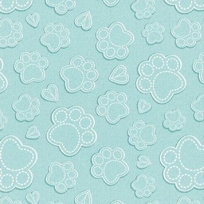 Small scale // Pawsome stitches // aqua textured paws and hearts 