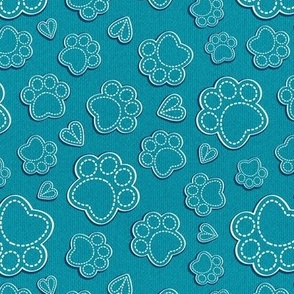 Small scale // Pawsome stitches // turquoise textured paws and hearts 
