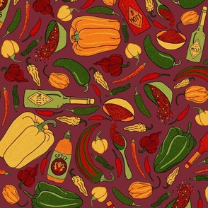 Peppers & Hot Sauce Seamless Pattern - Original & Wine