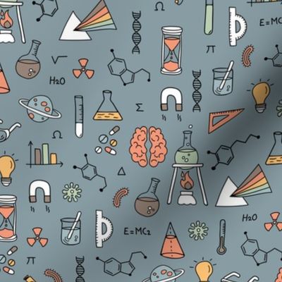 Little Scientist - Freehand science illustrations lab supplies brains numbers and school icons vintage red mint blue on cool gray 
